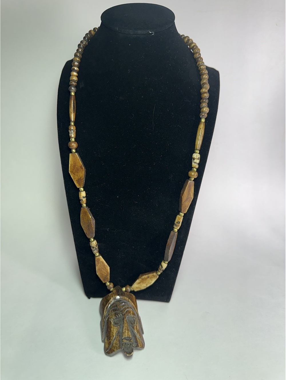 Vintage Tribal Mask Pendant Necklace Carved Bone Antler Ethnic Folk Art